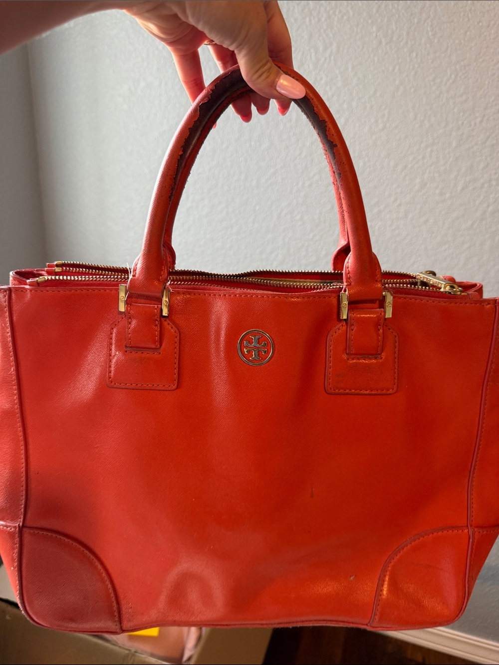Tory Burch Orange-Red Leather Tote with Gold Tone Logo